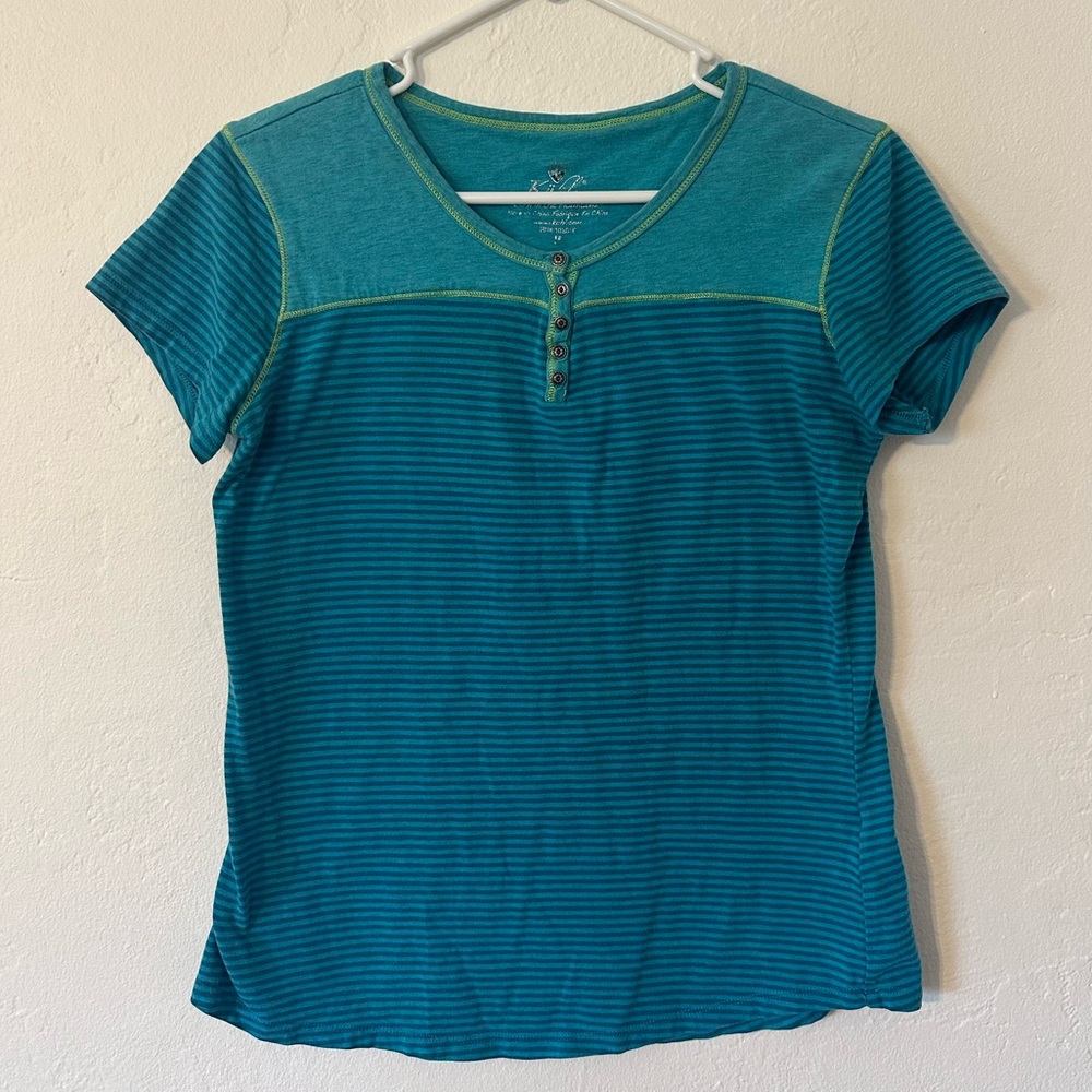 Kuhl Womens T-Shirt Medium Blue Short Sleeve 1/4 Button Organic Outdoor Shirt